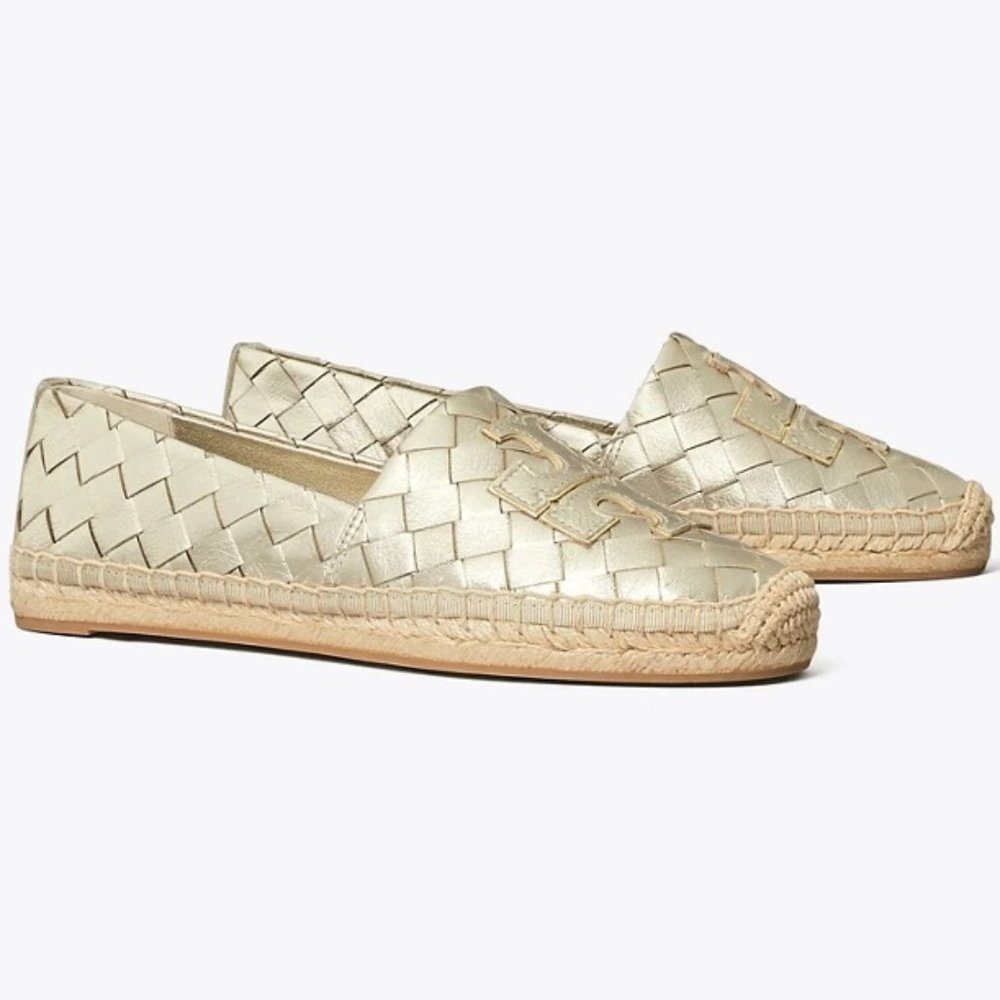 NIB Tory Burch Ines Woven Leather Espadrille Flat Spark Gold US 7 9 9.5 AUTHENTC - Picture 1 of 14
